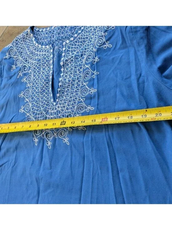 Moroccan Embroidered Tunic Top Women’s L Blue White Boho Kaftan Gandoura Shirt - Picture 8 of 8